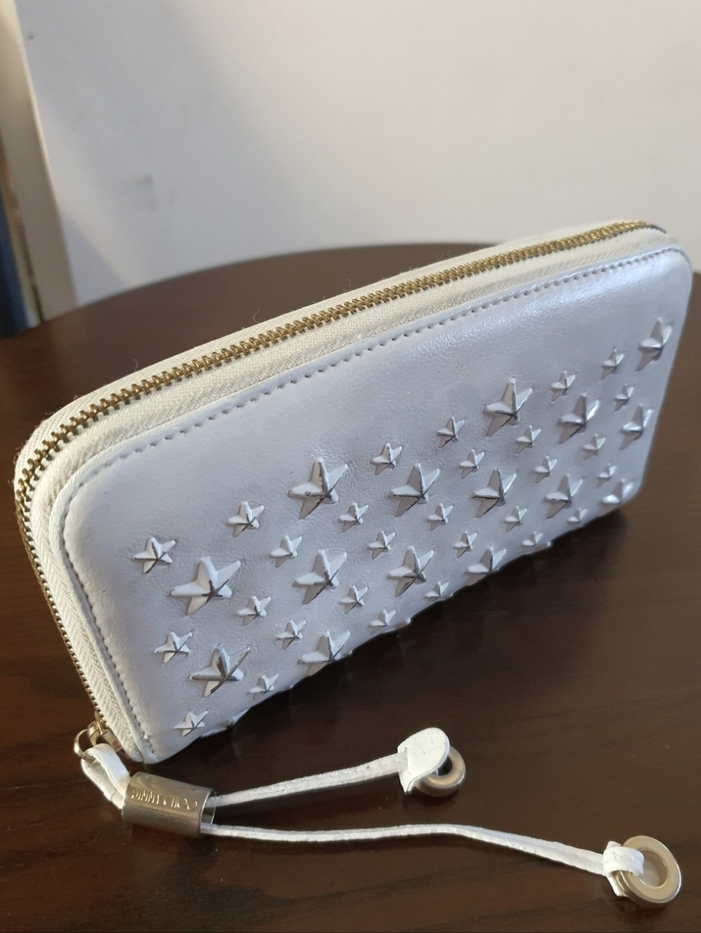 Jimmy Choo Filipa Long Continental Wallet Zip Around White Leather Star Studded